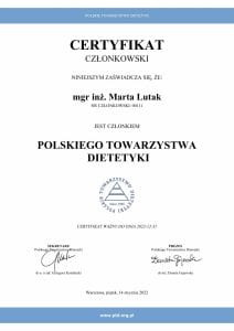 Certyfikat Polskie Towarzystwo Dietetyki - Marta Lutak